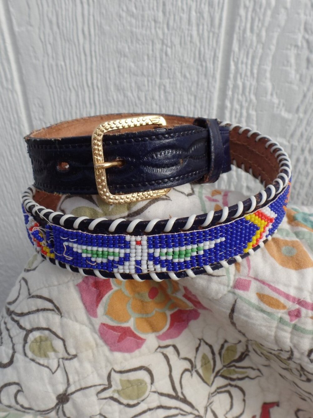 VINTAGE Seed Bead Belt LEATHER *Hat Band * Boot Wrap *Kids  SMALL STAMPED